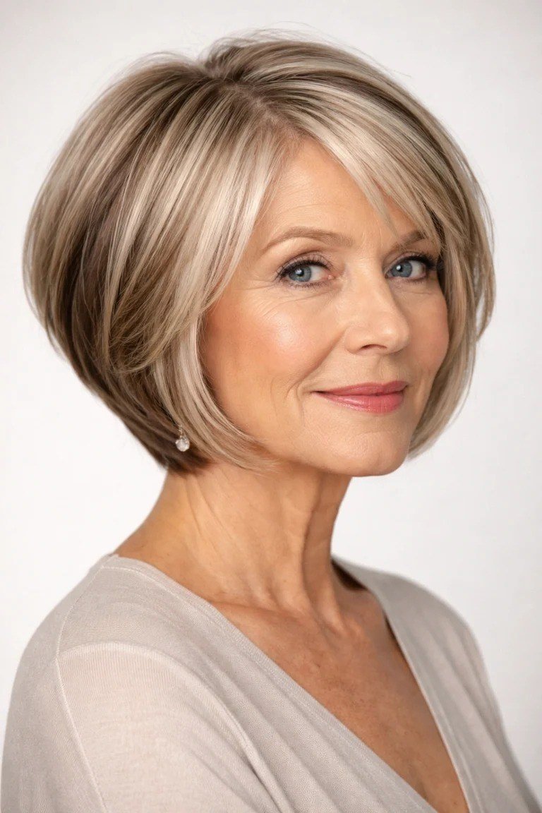 Blonde inverted bob, front, studio - inverted bob haircut for women over 60
