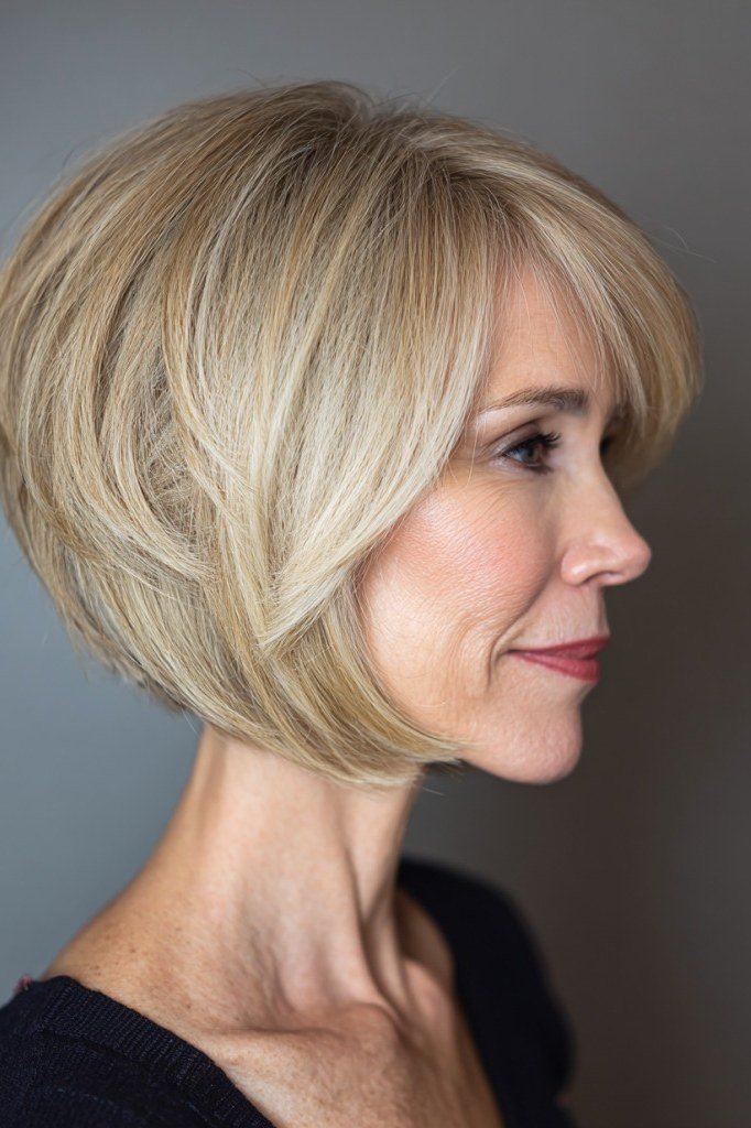 Blonde feathered inverted bob, side - inverted bob haircut for women over 60