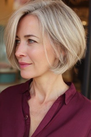 Blonde inverted bob, side, maroon top - inverted bob haircut for women over 60