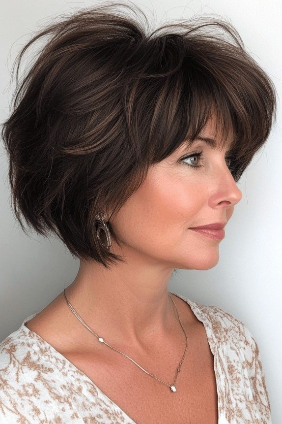 Brunette layered inverted bob with bangs - inverted bob haircut for women over 60