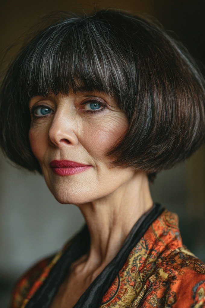 Dark brunette bob with full bangs - inverted bob haircut for women over 60