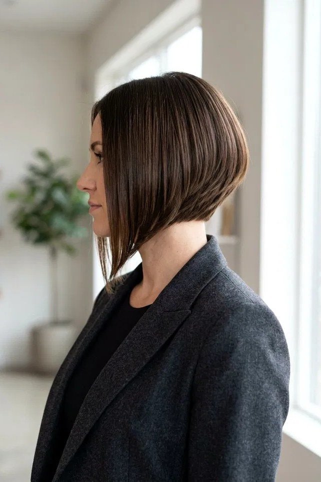 Brunette sleek inverted bob, side, blazer - inverted bob haircut for women over 60
