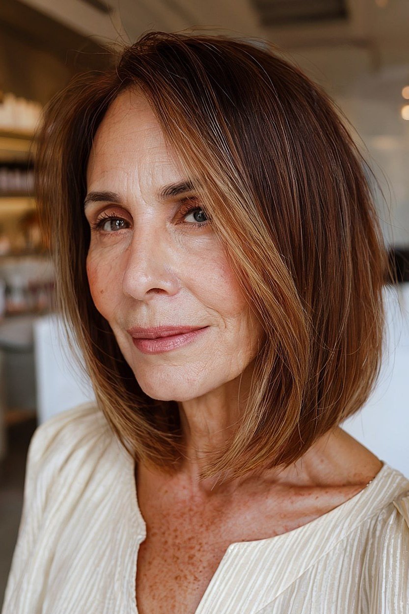 Warm brown inverted bob with highlights, front - inverted bob haircut for women over 60