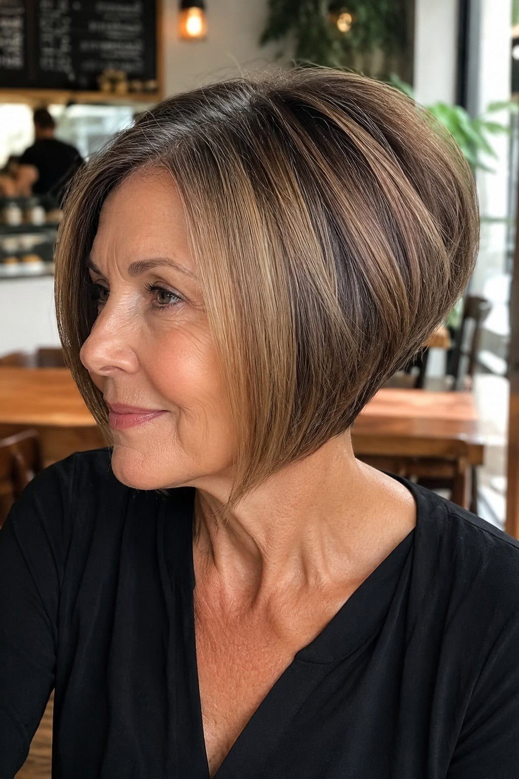 Ash-brunette angled bob, side - inverted bob haircut for women over 60