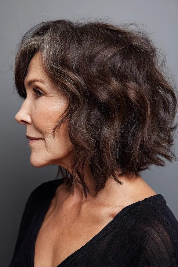 Brunette wavy bob, side - inverted bob haircut for women over 60