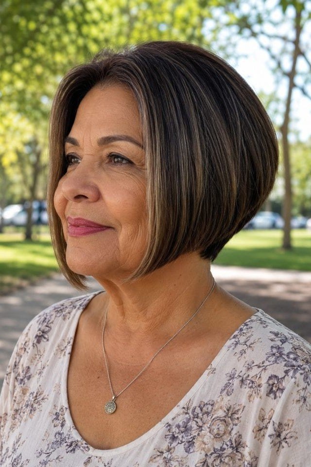 Dark brown bob with highlights, outdoor - inverted bob haircut for women over 60
