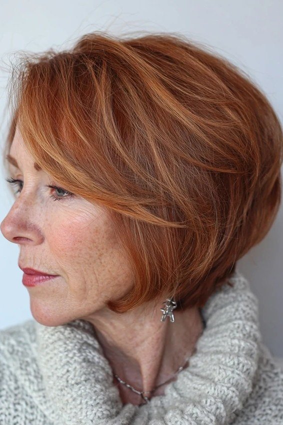Copper layered bob, white sweater, side - inverted bob haircut for women over 60