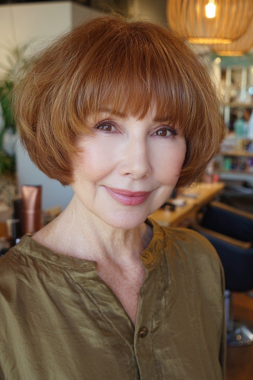 Copper layered bob with bangs, front - inverted bob haircut for women over 60