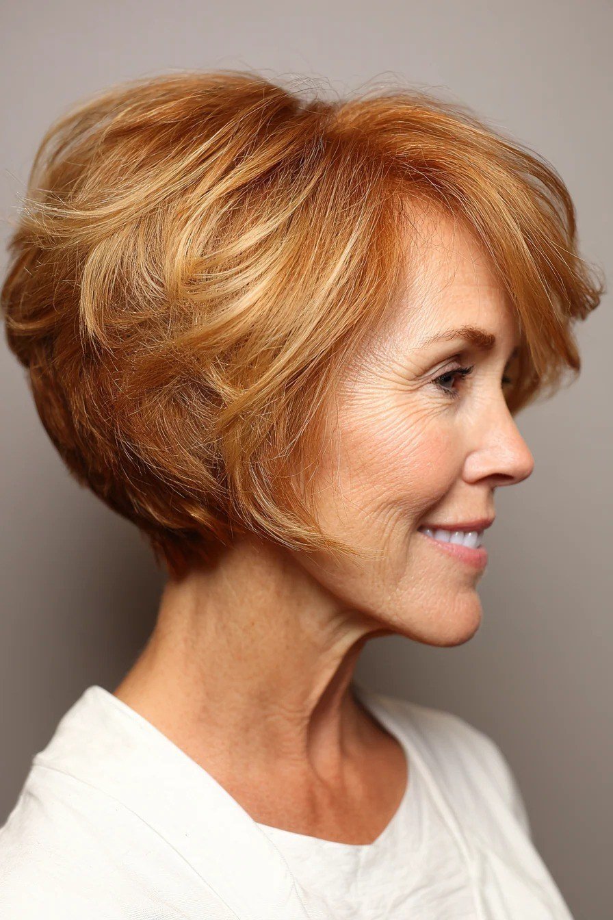 Copper layered bob, side - inverted bob haircut for women over 60