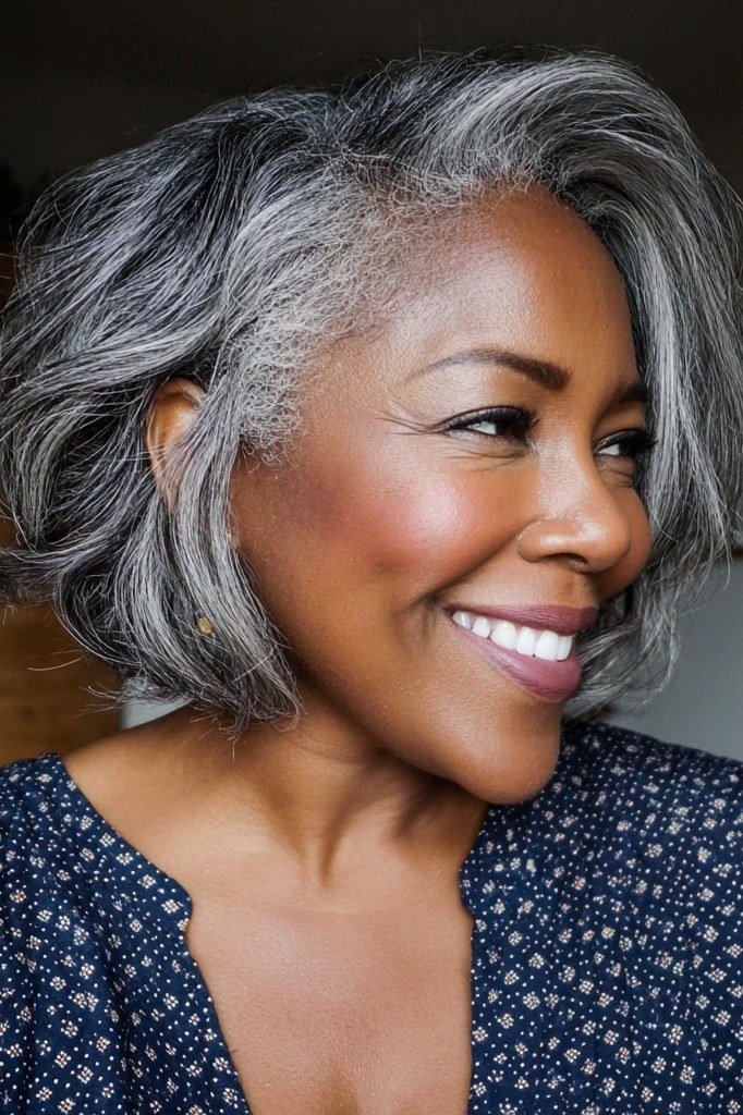 Salt-and-pepper wavy bob, front, Black woman - inverted bob haircut for women over 60
