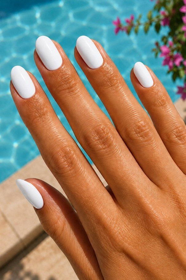 Bright white oval nails on tanned hand by the pool, summer white nails for women over 40