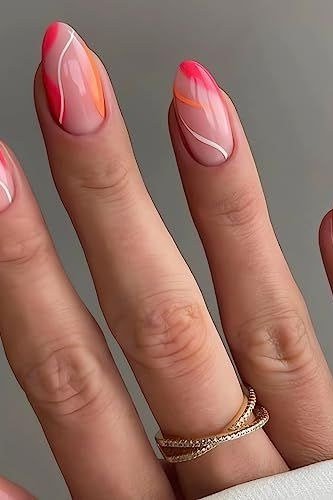 Nude almond nails with pink orange and white wavy line nail art, abstract summer nails
