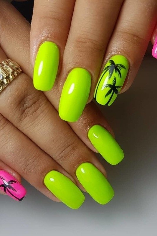Neon lime green nails with black palm tree nail art, tropical summer vacation nails