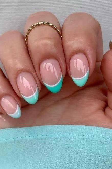 Nude nails with mint green French tips and thin white line detail, fresh summer French nails