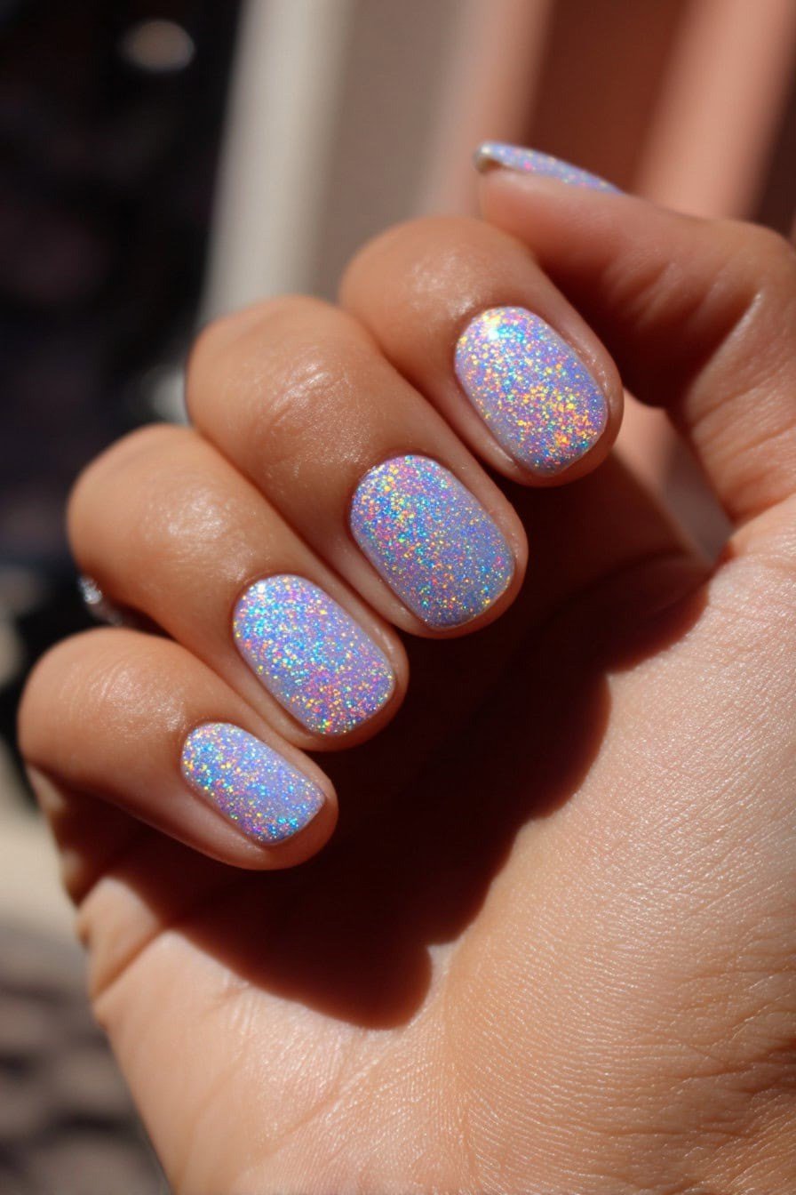Lavender blue nails with holographic glitter sparkle, dreamy iridescent summer nails