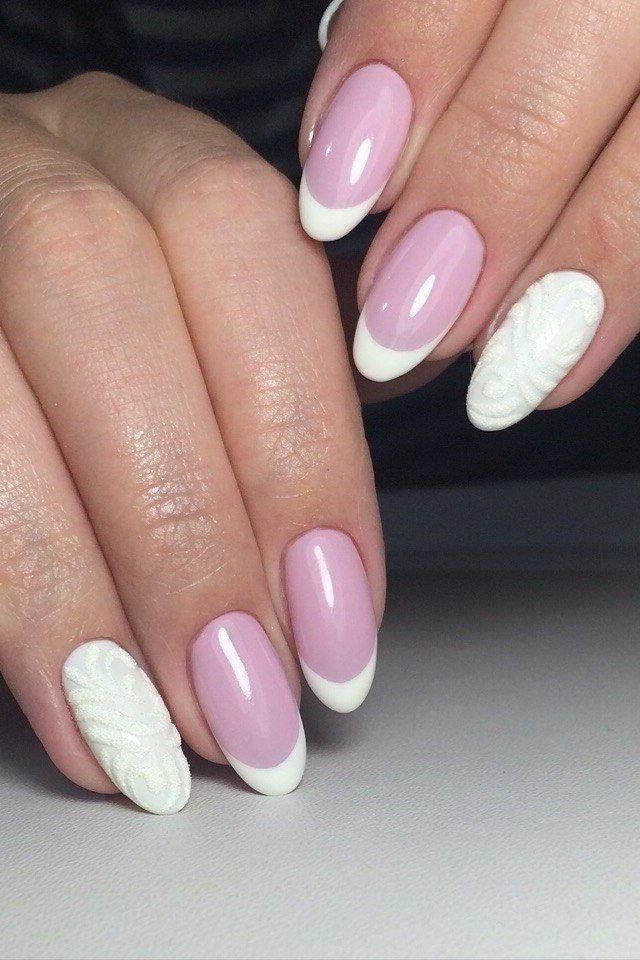 Lavender nails with white French tips and white knit textured accent nail, cozy chic summer nails