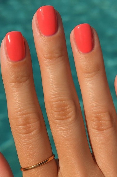 Bright coral short oval nails with glossy finish by the pool, classic summer coral nails