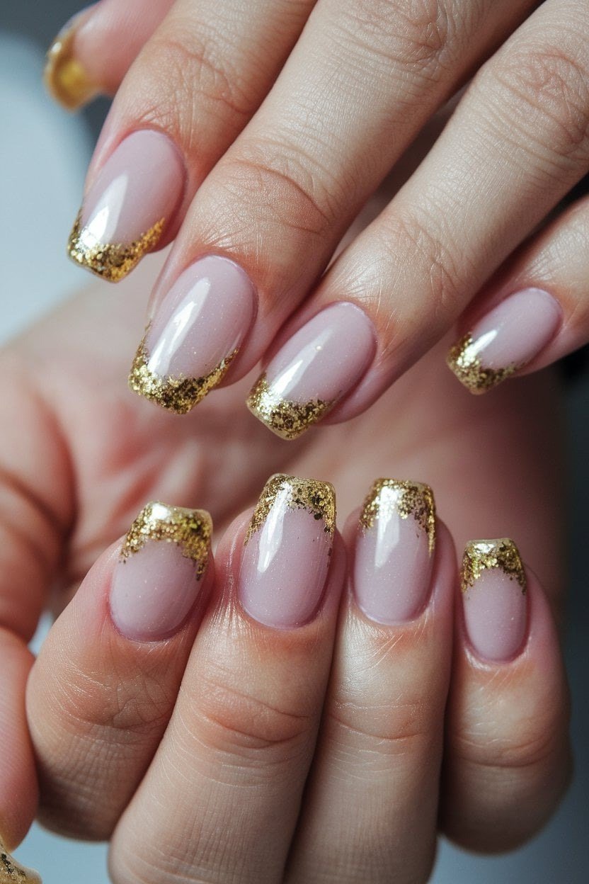 Nude pink nails with gold glitter French tips, glamorous summer French tip nails