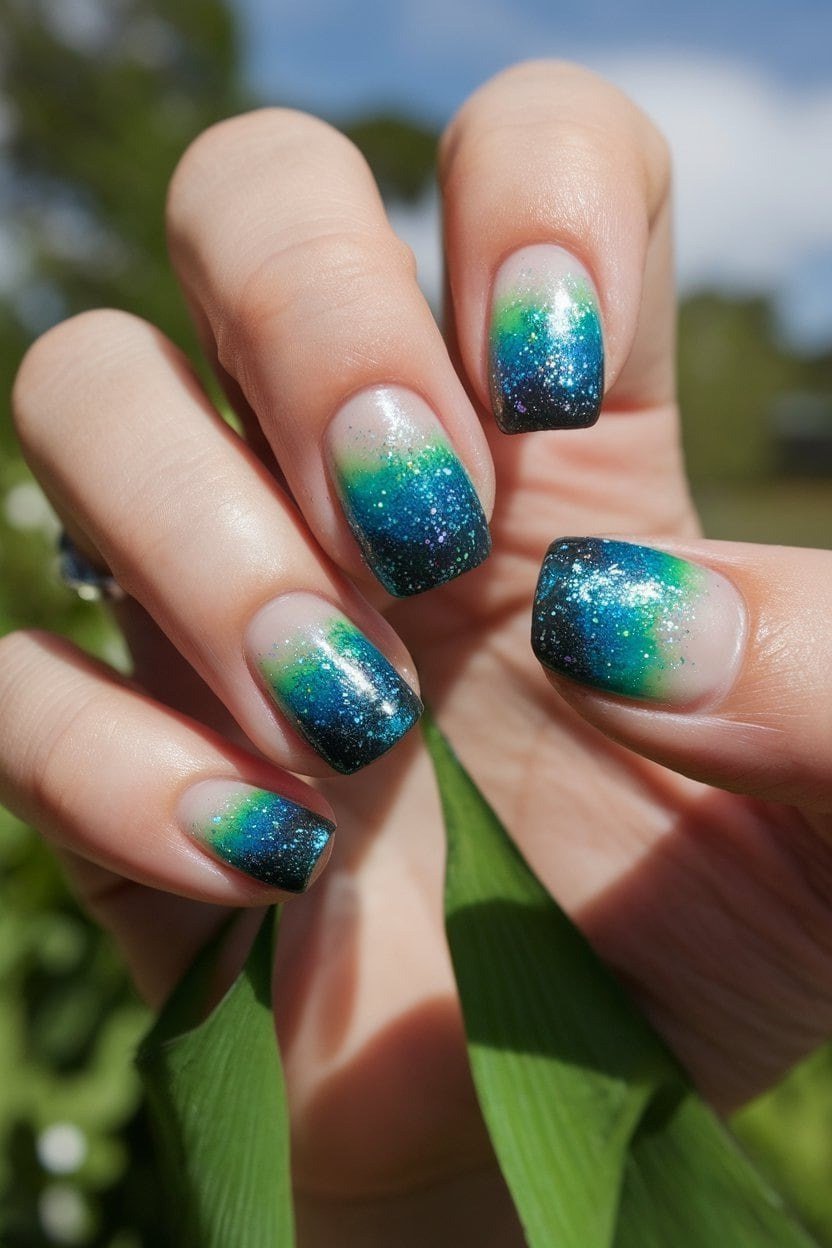 Nude nails fading to teal and deep green glitter tips, mermaid ombre summer nails
