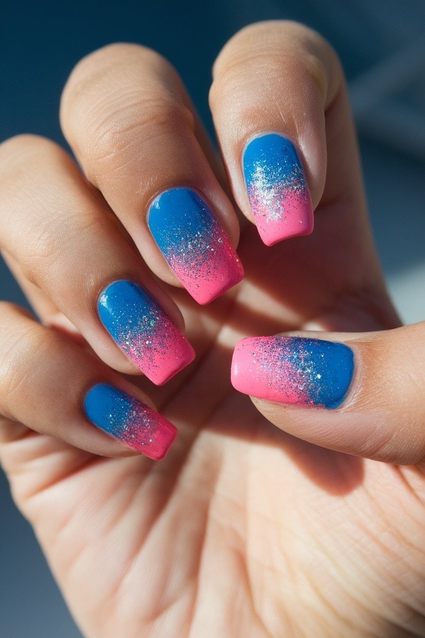 Blue to pink glitter ombre short nails, cotton candy summer glitter nails