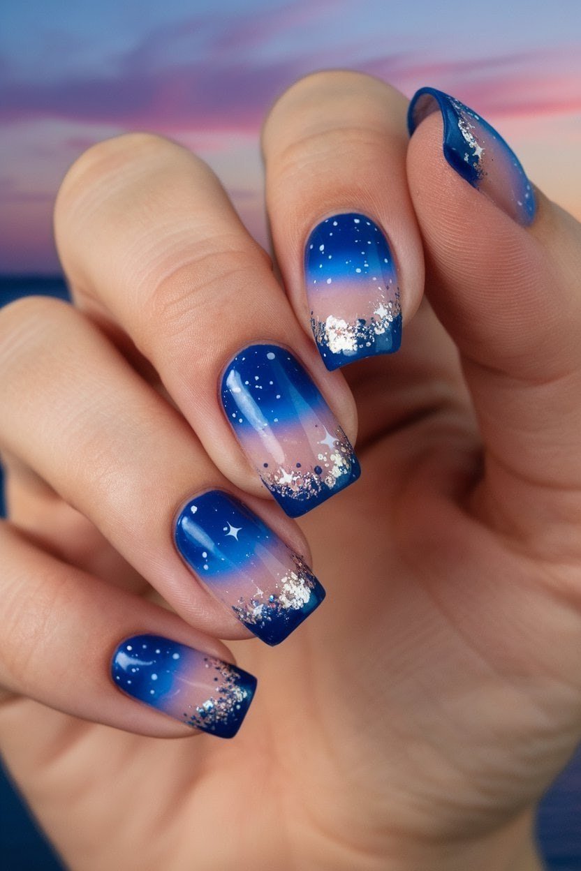 Midnight blue to nude ombre nails with silver star glitter tips, starry night summer nails