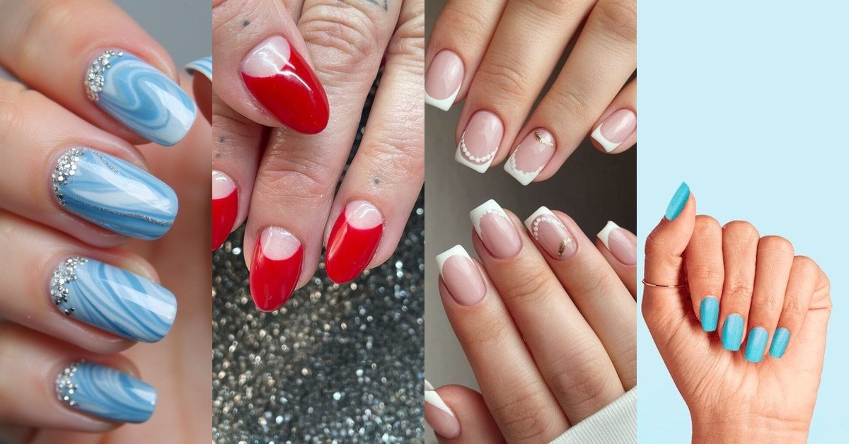 Collage of summertime nail colors for women over 40: white, blue, coral, orange, yellow and glitter nail designs
