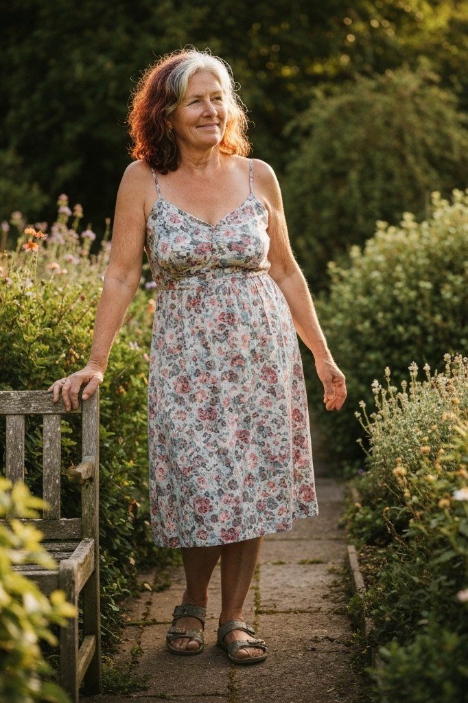 Older woman wearing red hair, floral midi sundress, garden bench - summer sundresses for women over 60