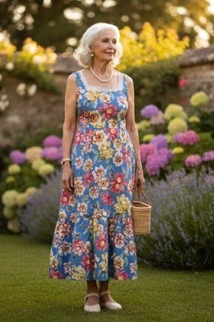 Older woman wearing blue floral maxi sundress in garden - summer sundresses for women over 60