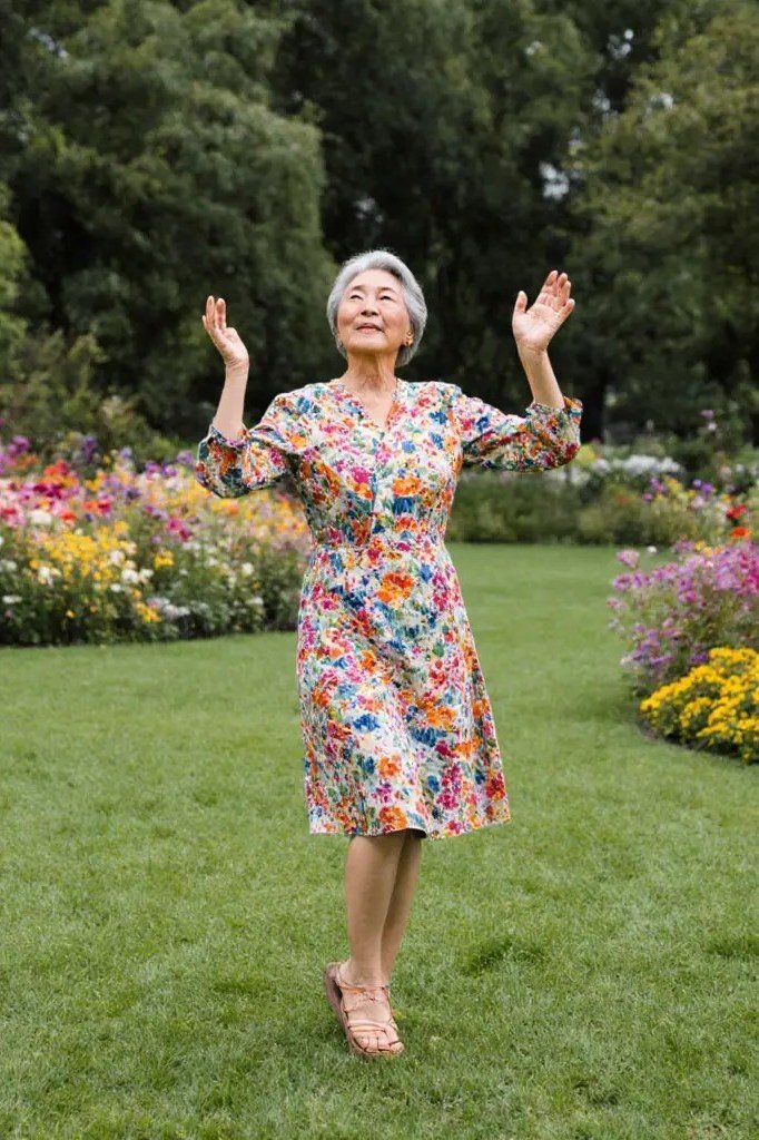 Older woman wearing bright floral midi sundress on lawn - summer sundresses for women over 60