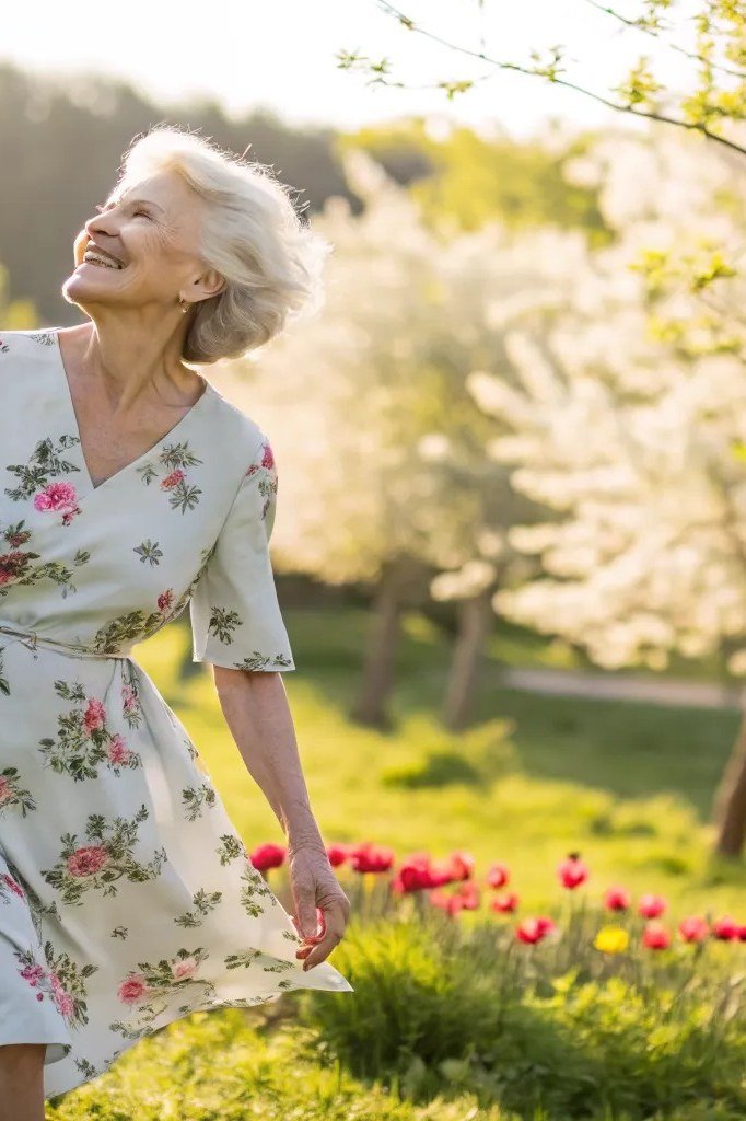 Older woman wearing white floral sundress twirling in field - summer sundresses for women over 60
