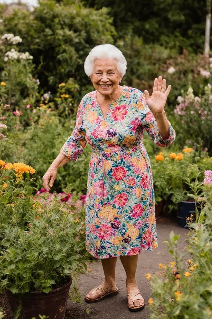 Older woman wearing bright floral sundress waving in garden - summer sundresses for women over 60