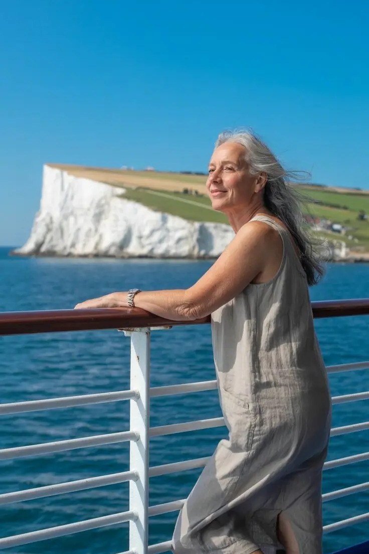Older woman wearing gray linen slip dress at seaside - summer sundresses for women over 60