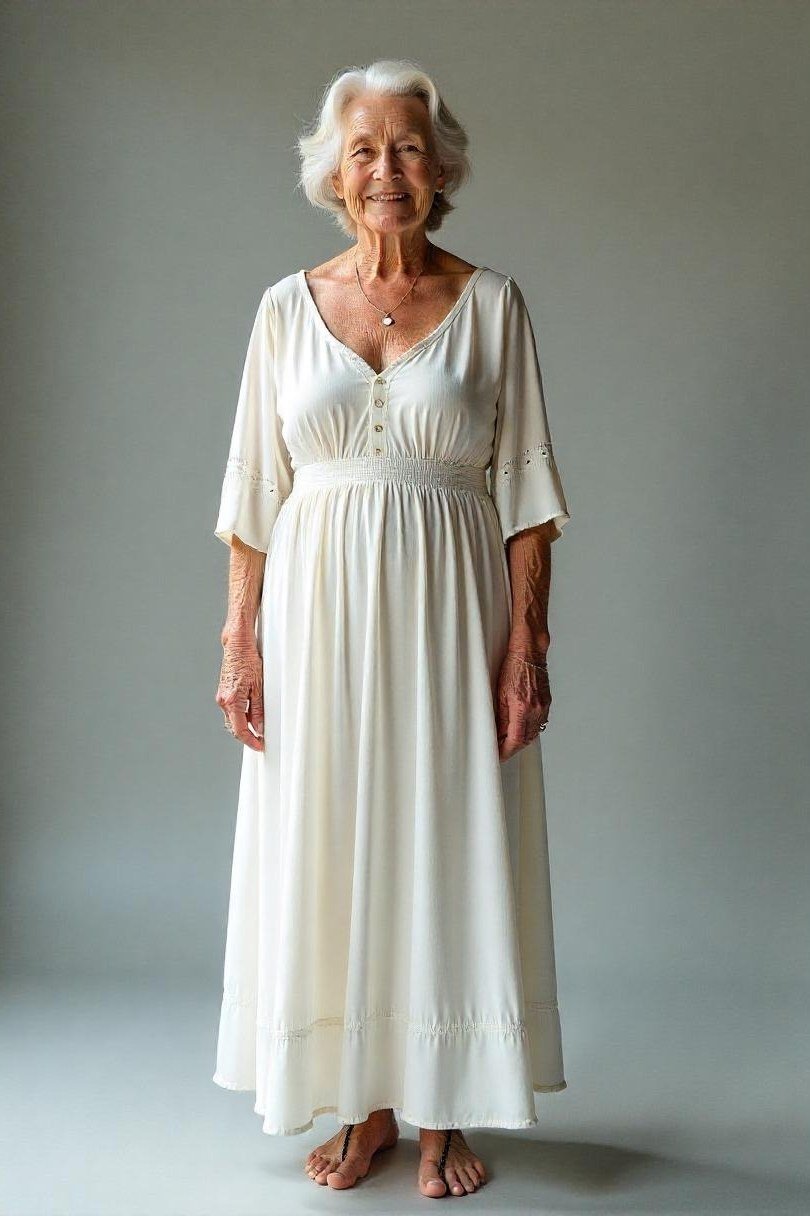 Older woman wearing white maxi sundress, studio - summer sundresses for women over 60