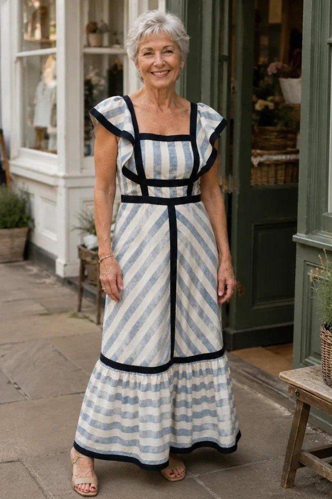 Older woman wearing navy white striped midi dress, storefront - summer sundresses for women over 60