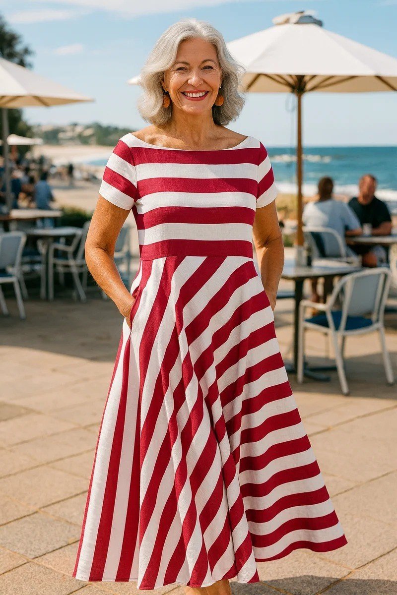 Older woman wearing red white striped maxi dress at beach cafe - summer sundresses for women over 60