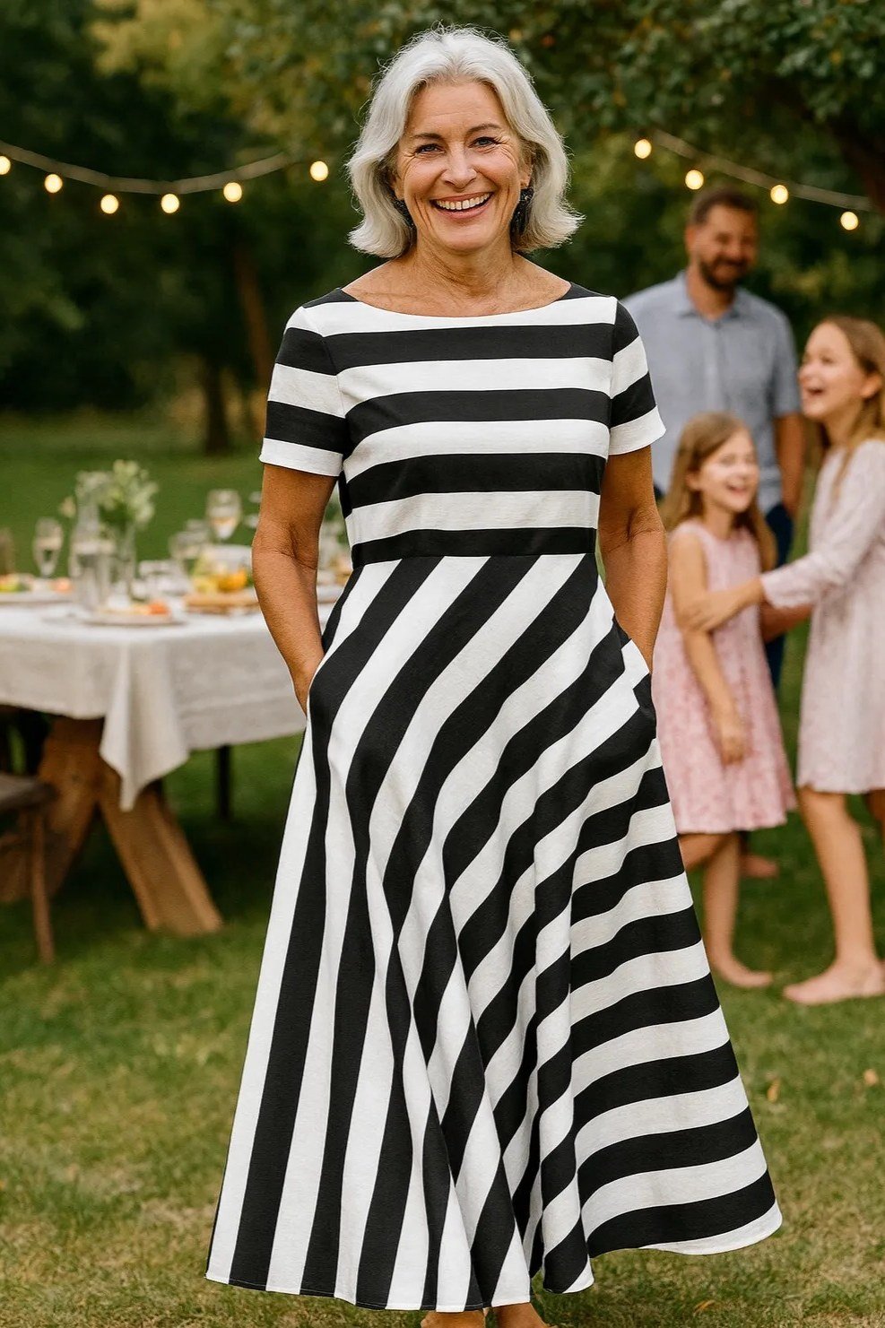 Older woman wearing black white striped midi dress in garden - summer sundresses for women over 60