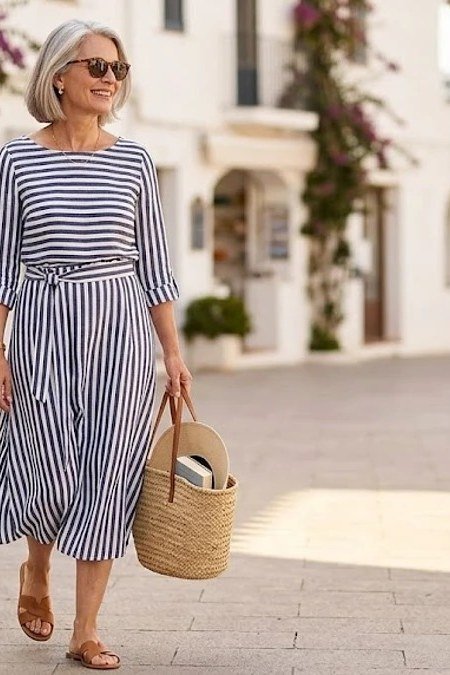 Older woman wearing blue striped maxi sundress on coastal street - summer sundresses for women over 60