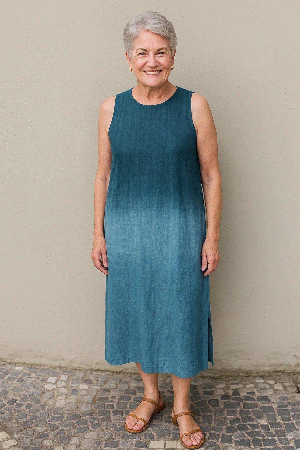 Older woman wearing teal ombre sleeveless maxi dress, studio - summer sundresses for women over 60