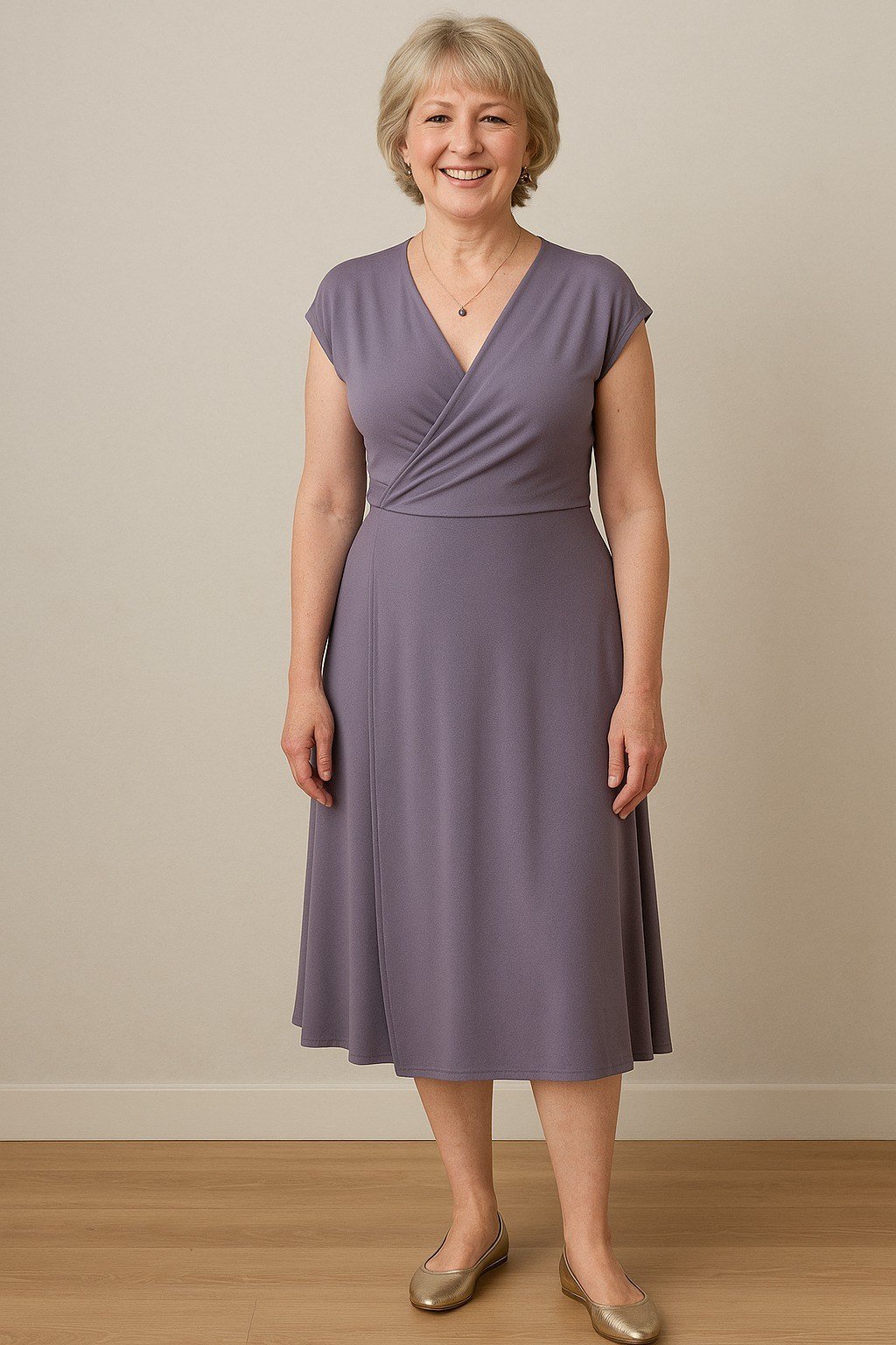 Older woman wearing purple wrap midi dress, studio - summer sundresses for women over 60