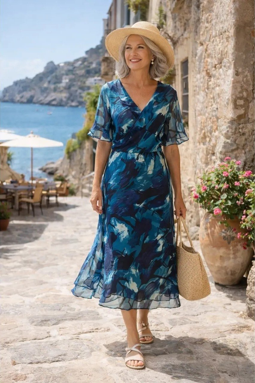 Older woman wearing blue floral wrap maxi dress on coastal street - summer sundresses for women over 60