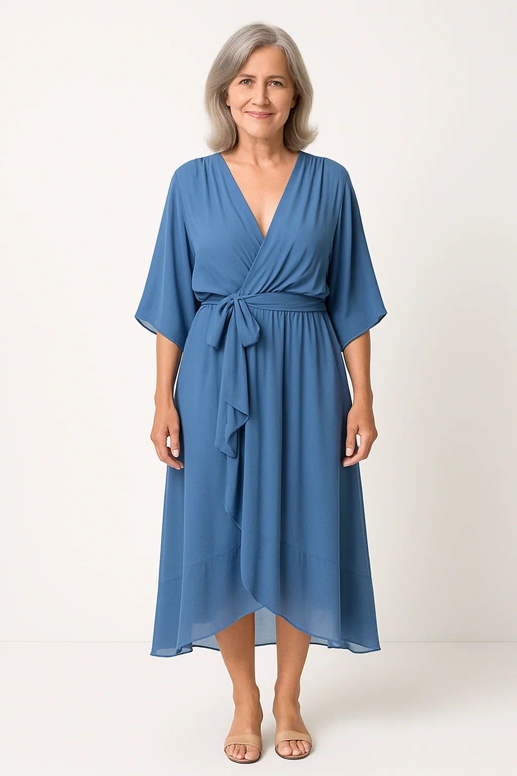 Older woman wearing blue wrap midi dress, studio - summer sundresses for women over 60
