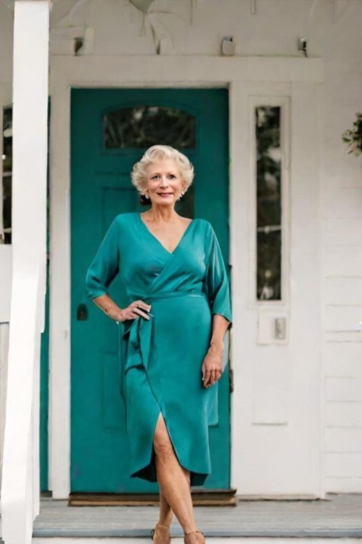 Older woman wearing teal wrap maxi dress on porch with turquoise door - summer sundresses for women over 60