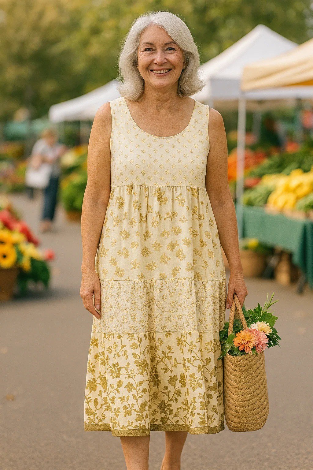 Older woman wearing gold sleeveless sundress at market - summer sundresses for women over 60