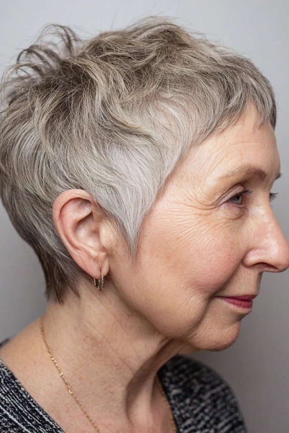 Gray textured tapered pixie haircut for women over 60, side view