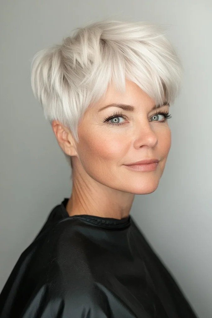 Sleek platinum pixie haircut for women over 60