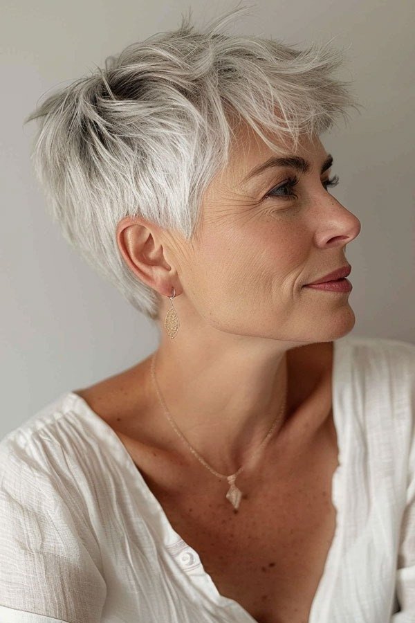Gray layered pixie haircut for women over 60, white top