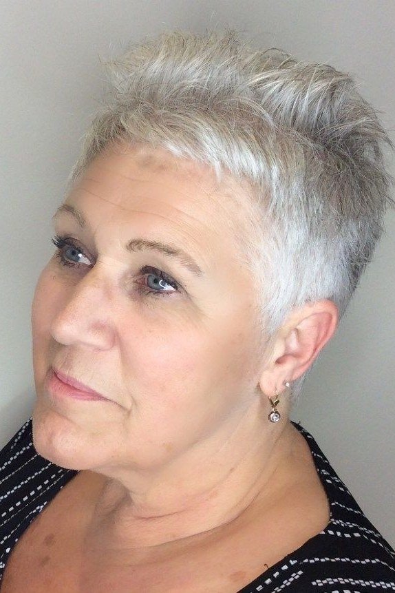 Soft gray pixie haircut for women over 60, three-quarter view