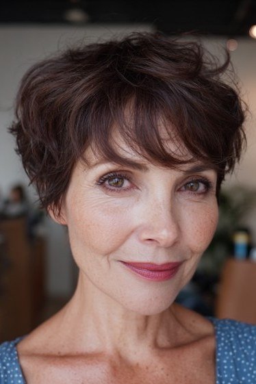 Dark brown tapered pixie haircut for women over 60, front view