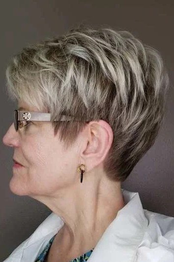Gray pixie haircut for women over 60 with glasses, side view