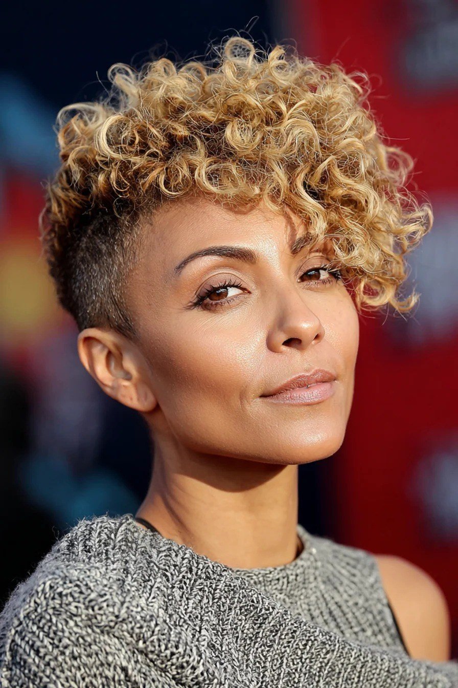Curly blonde pixie haircut for women over 60, front view